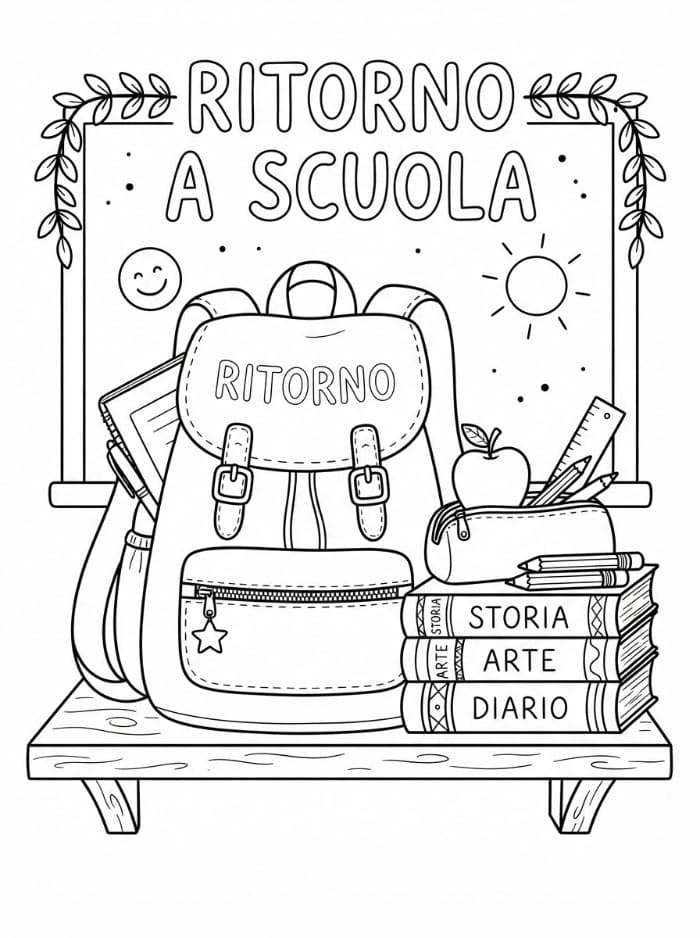 Ritorno a Scuola Libri e Zaino da colorare