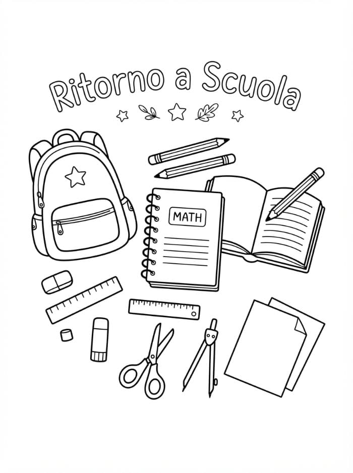 Ritorno a Scuola Materiale Scolastico da colorare