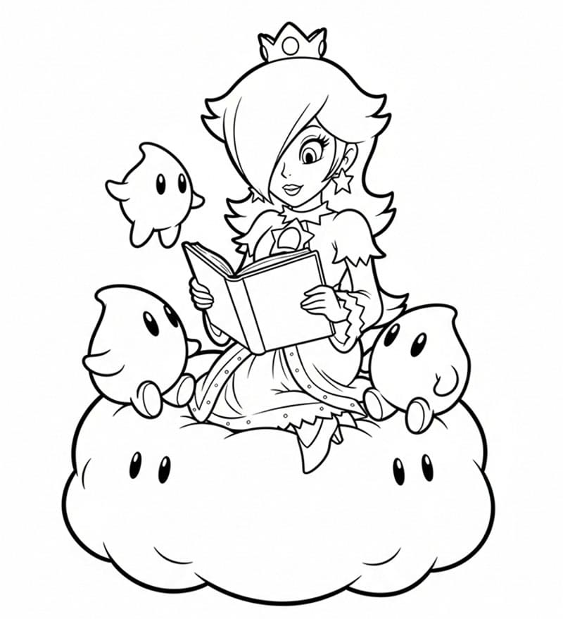 Rosalina legge un libro da colorare
