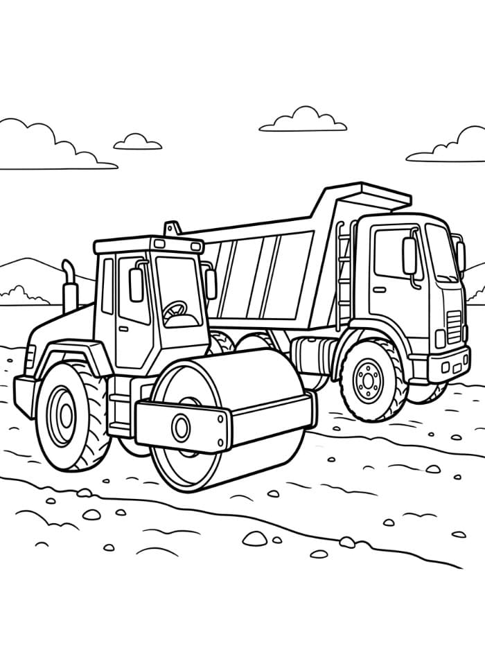 Rullo compressore con un camion ribaltabile da colorare