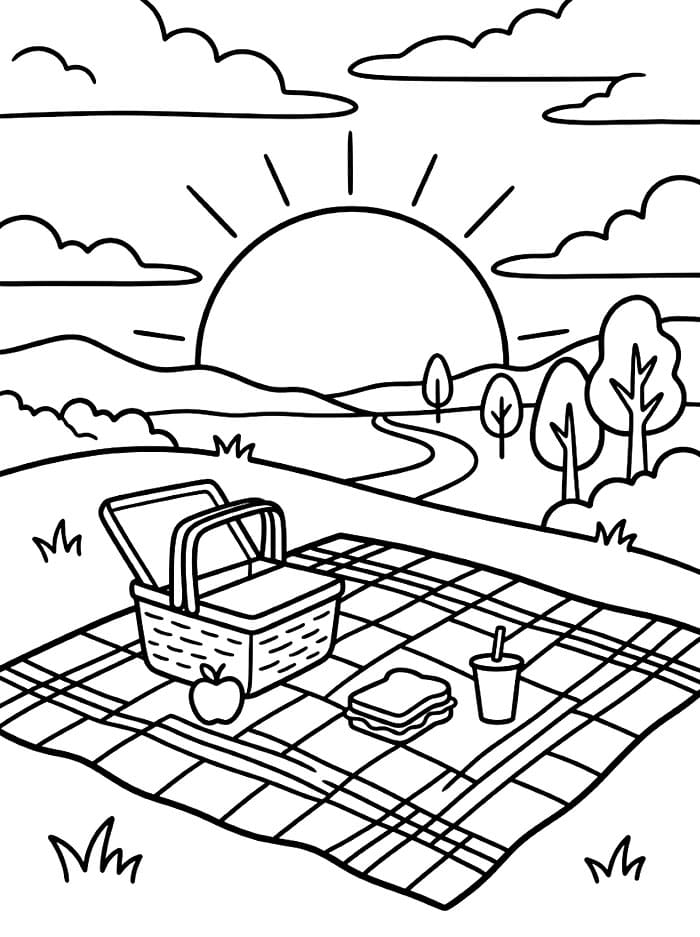 Scena di picnic al tramonto da colorare