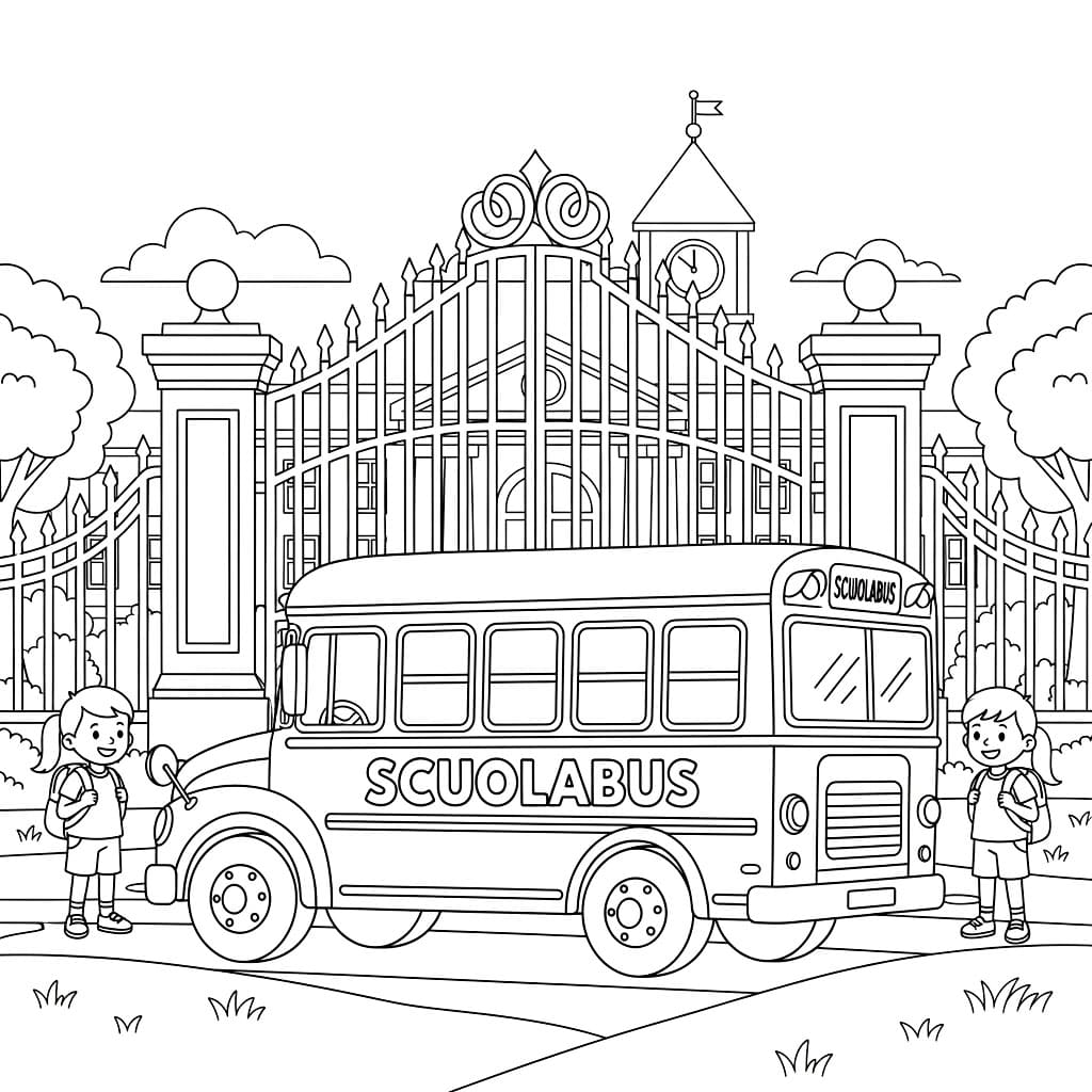 Scuolabus davanti alla scuola da colorare