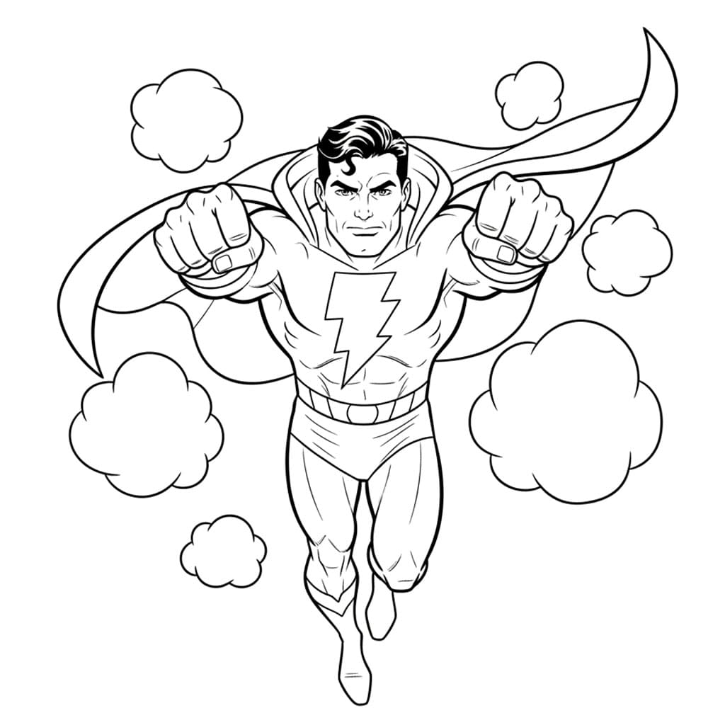 Shazam che vola nel cielo da colorare