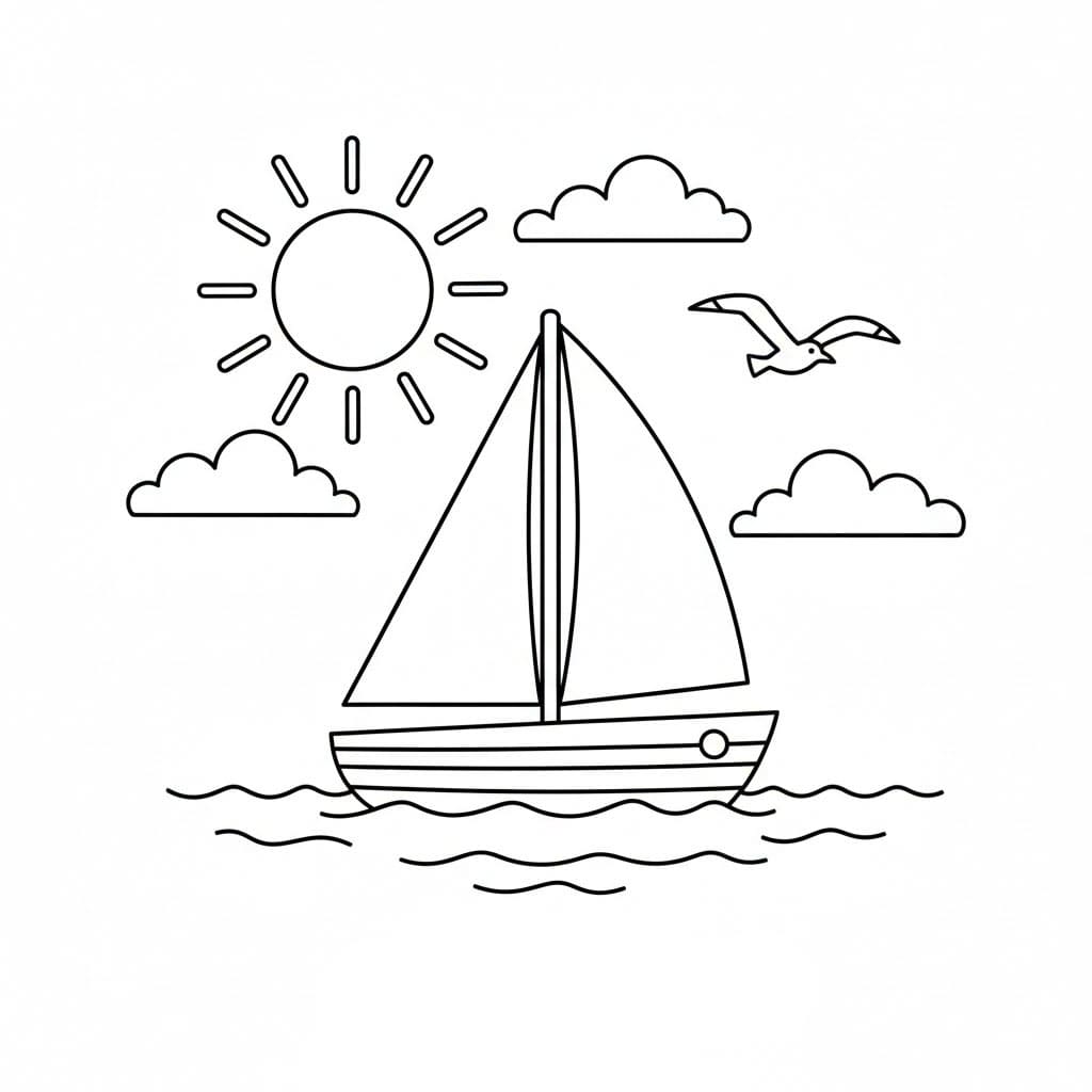 Sole e barca a vela da colorare