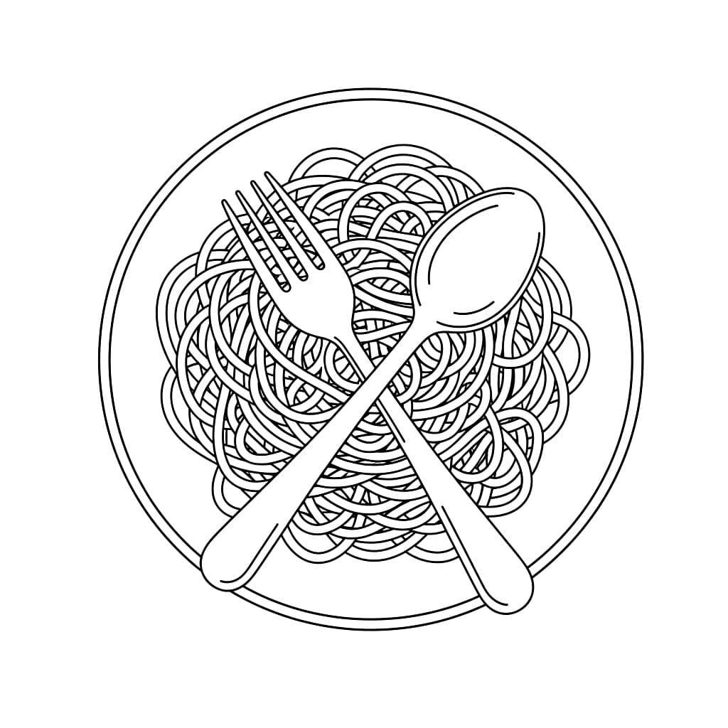 Spaghetti con forchetta e cucchiaio da colorare