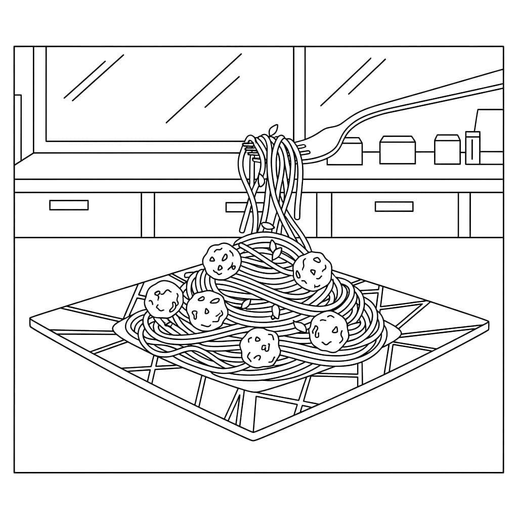 Spaghetti su piatto quadrato da colorare
