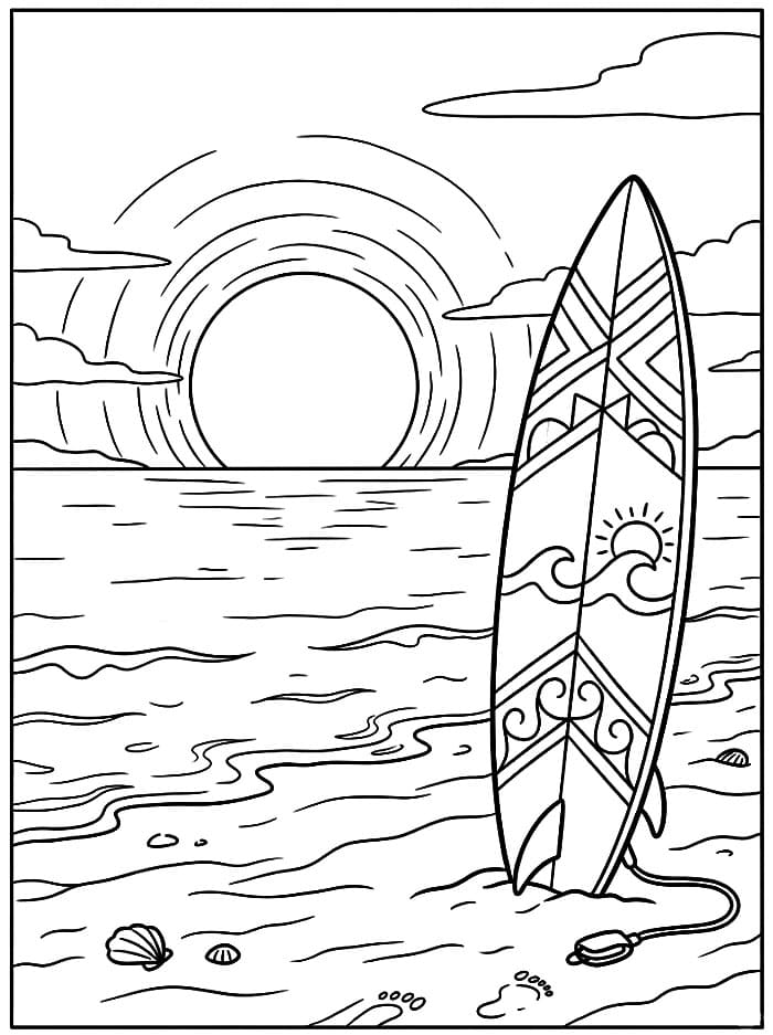 Spiaggia con tavola da surf al tramonto da colorare