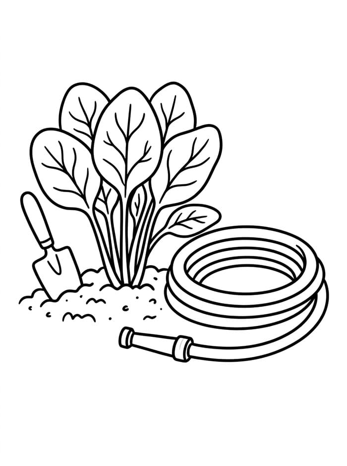 Spinaci e tubo per l'irrigazione da colorare