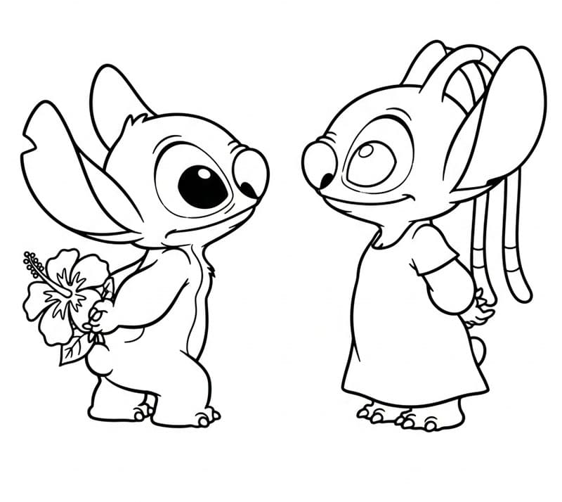 Stitch che Regala un Fiore ad Angel da colorare