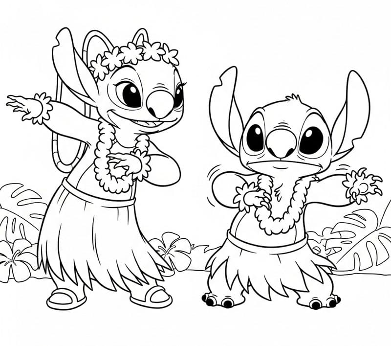 Stitch e Angel che Ballano la Hula da colorare