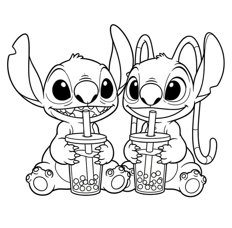 Stitch e Angel che Bevono Bubble Tea da colorare