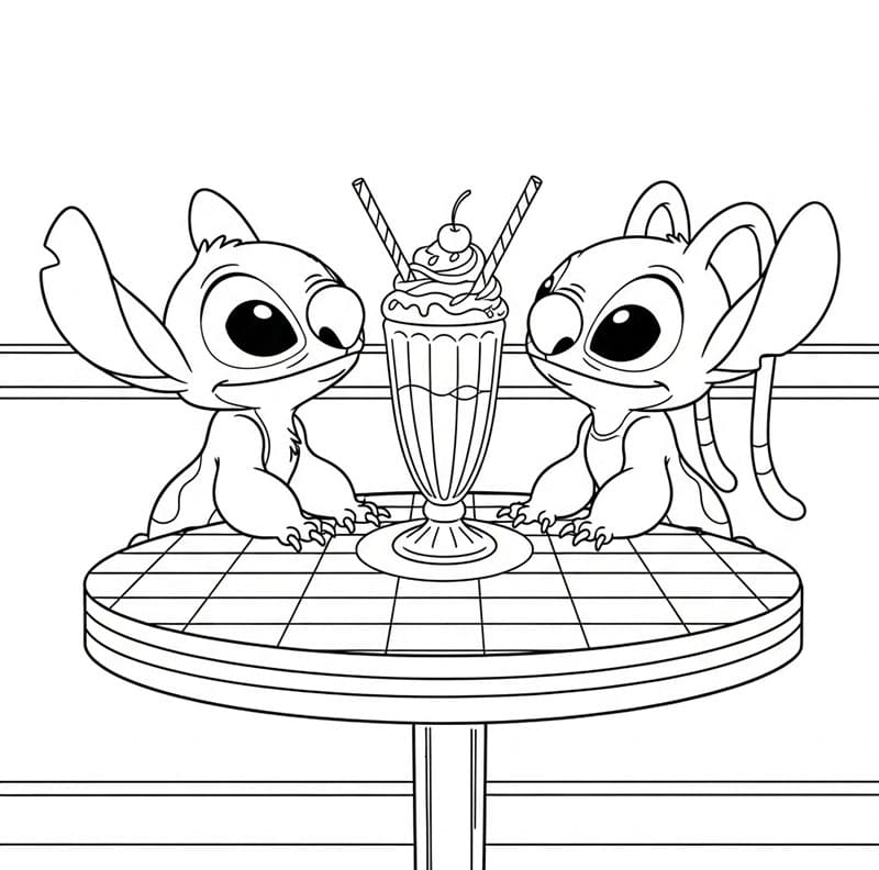 Stitch e Angel che Dividono un Frappé da colorare