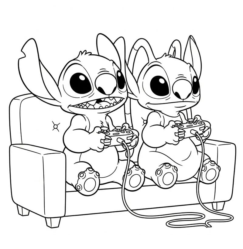 Stitch e Angel che Giocano ai Videogiochi da colorare