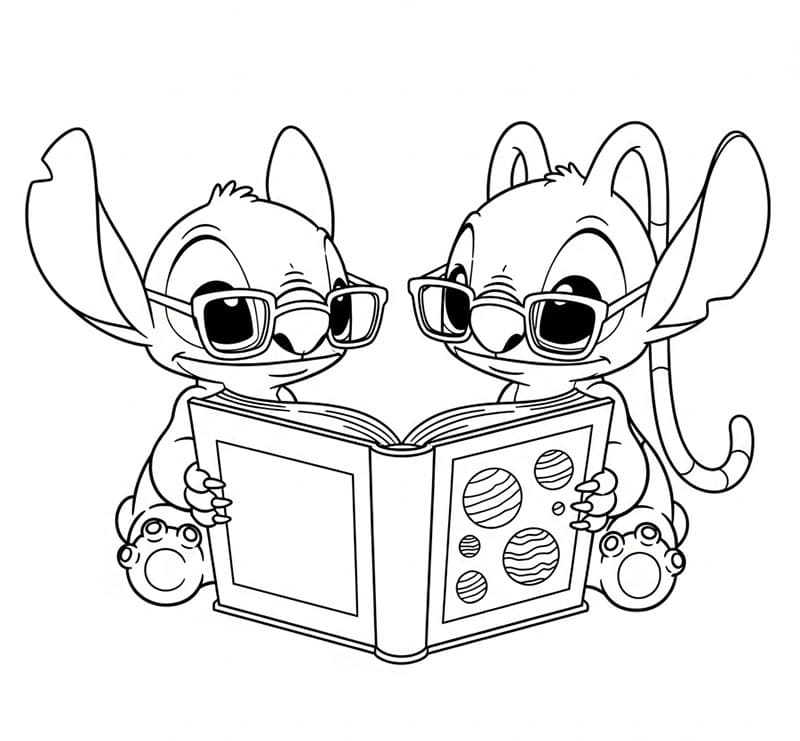 Stitch e Angel che Leggono un Libro da colorare