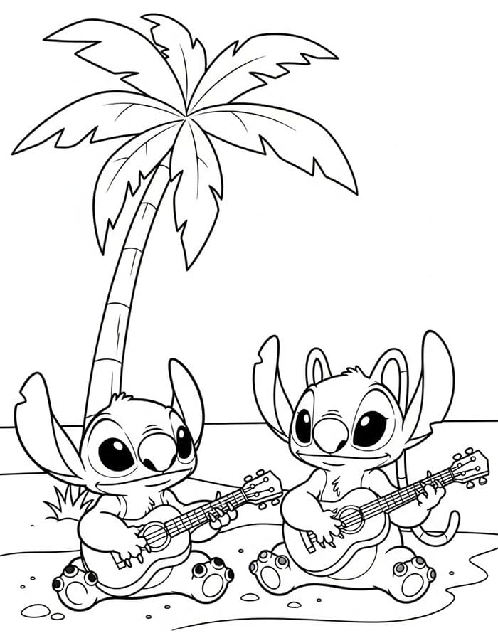 Stitch e Angel che Suonano la Chitarra da colorare