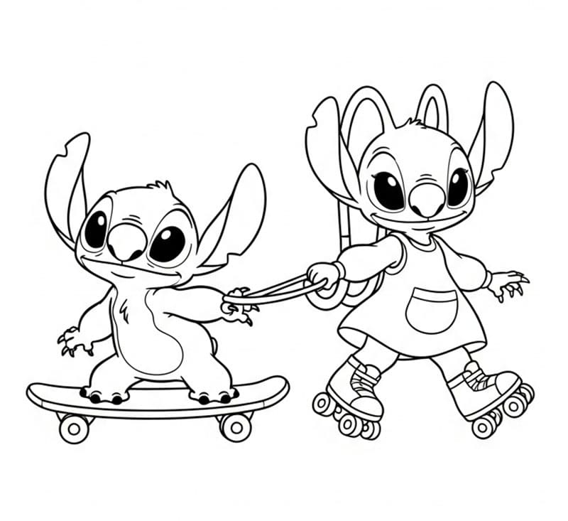 Stitch e Angel sullo Skateboard da colorare