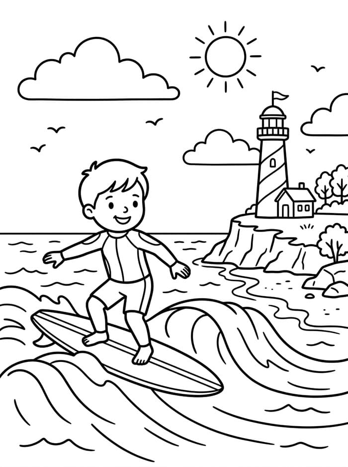 Surfista e faro da colorare