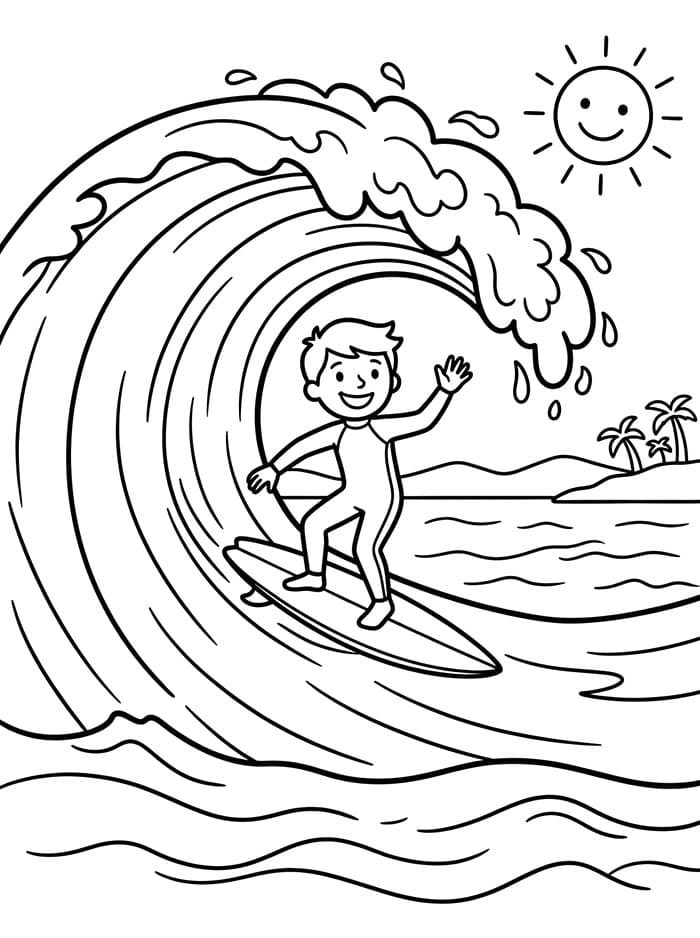 Surfista e onda gigante da colorare