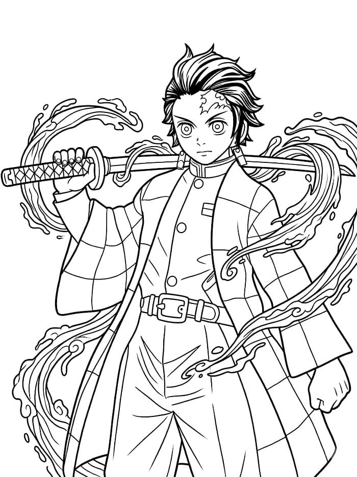 Tanjiro tiene in mano la Katana da colorare