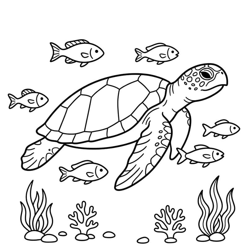 Tartaruga marine e banco di pesci da colorare