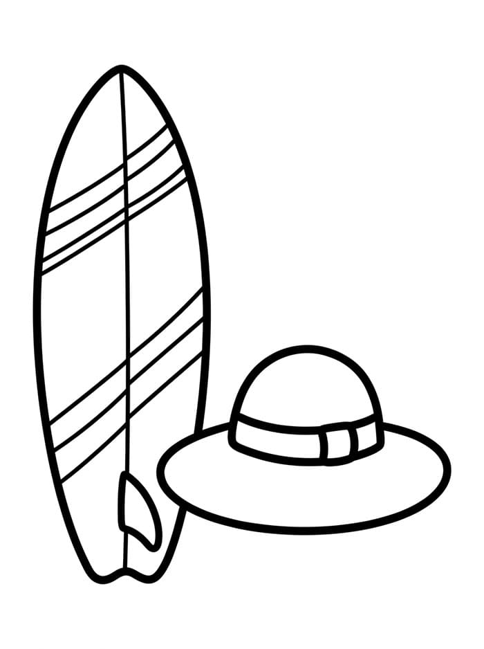 Tavola da surf e cappello da spiaggia da colorare