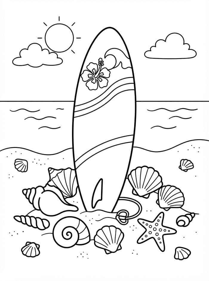 Tavola da surf e conchiglie da colorare