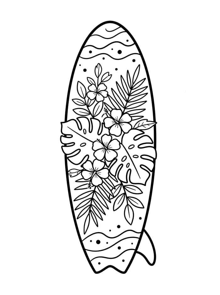 Tavola da surf e foglie tropicali da colorare