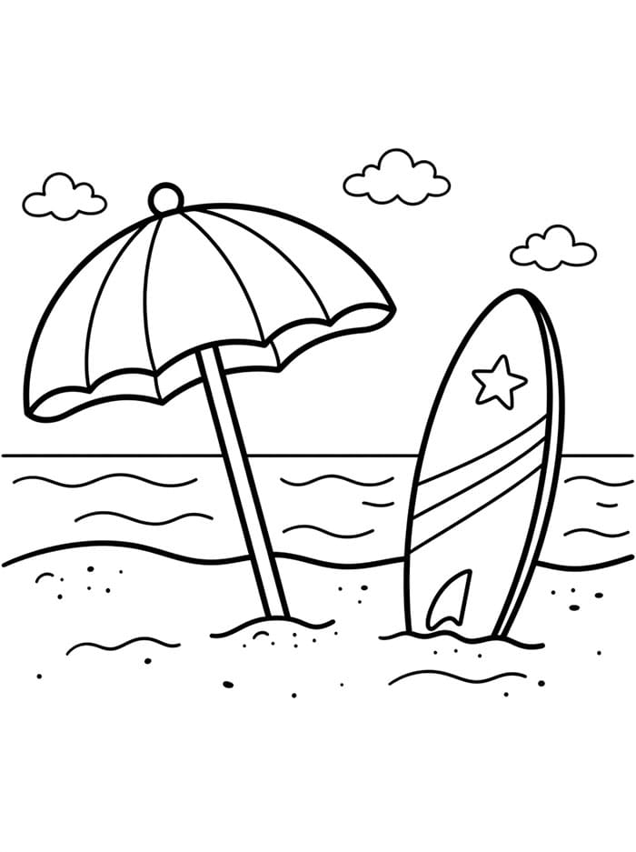 Tavola da surf e ombrellone da colorare