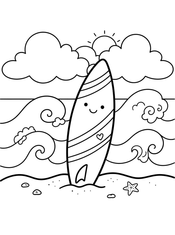Tavola da surf e onde dell'oceano da colorare
