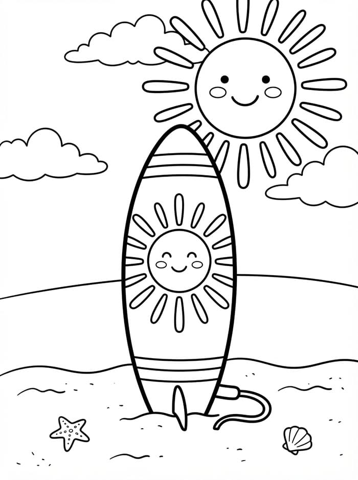 Tavola da surf e sole da colorare