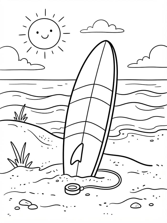 Tavola da surf su spiaggia sabbiosa da colorare