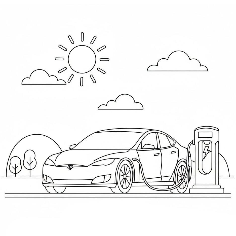 Tesla alla stazione di ricarica da colorare