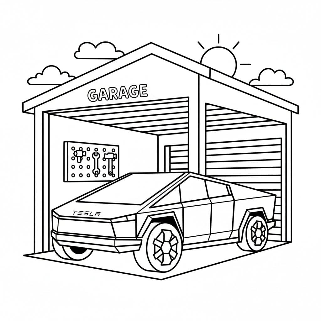 Tesla nel garage da colorare