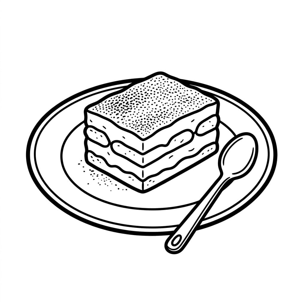 Tiramisù con Cucchiaio sul Piatto da colorare