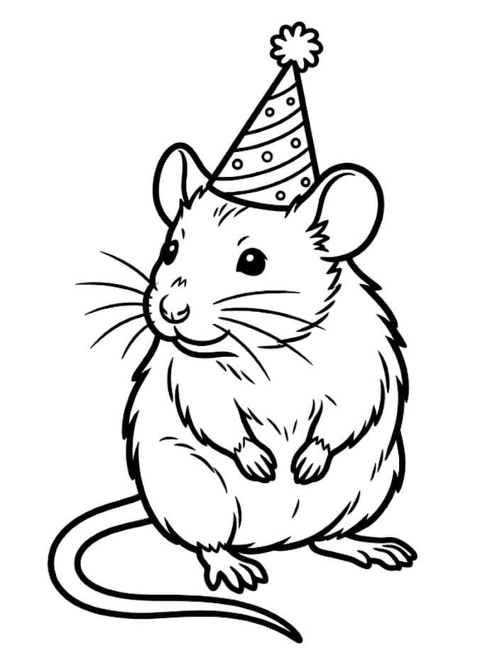 Topo con un cappellino di compleanno da colorare