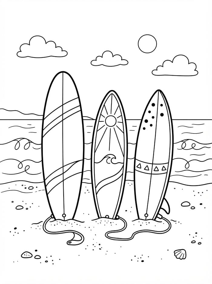 Tre tavole da surf in spiaggia da colorare