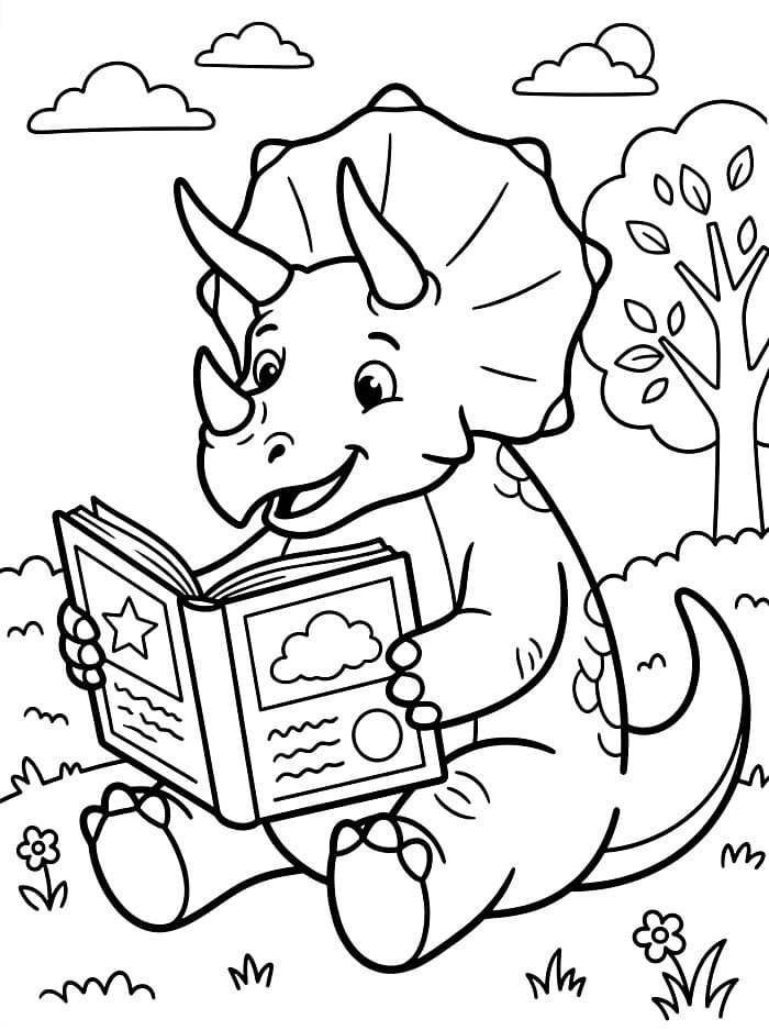 Triceratopo che legge un libro da colorare