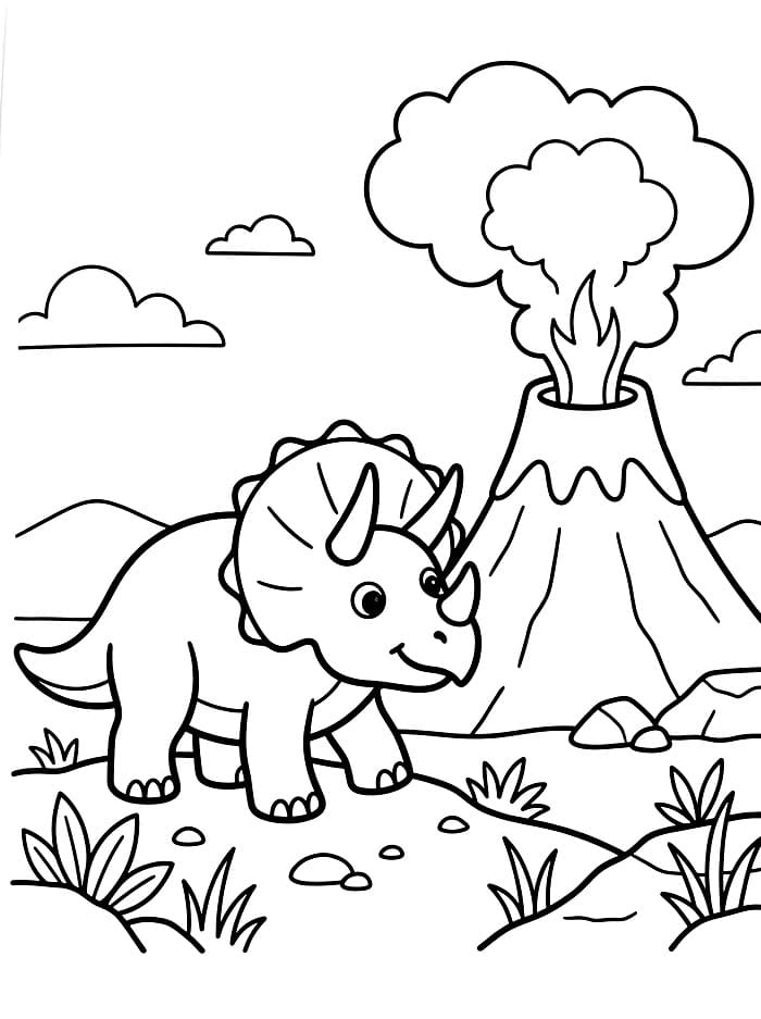 Triceratopo vicino a un vulcano da colorare