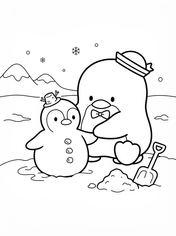 Tuxedo Sam che crea un pinguino di neve da colorare