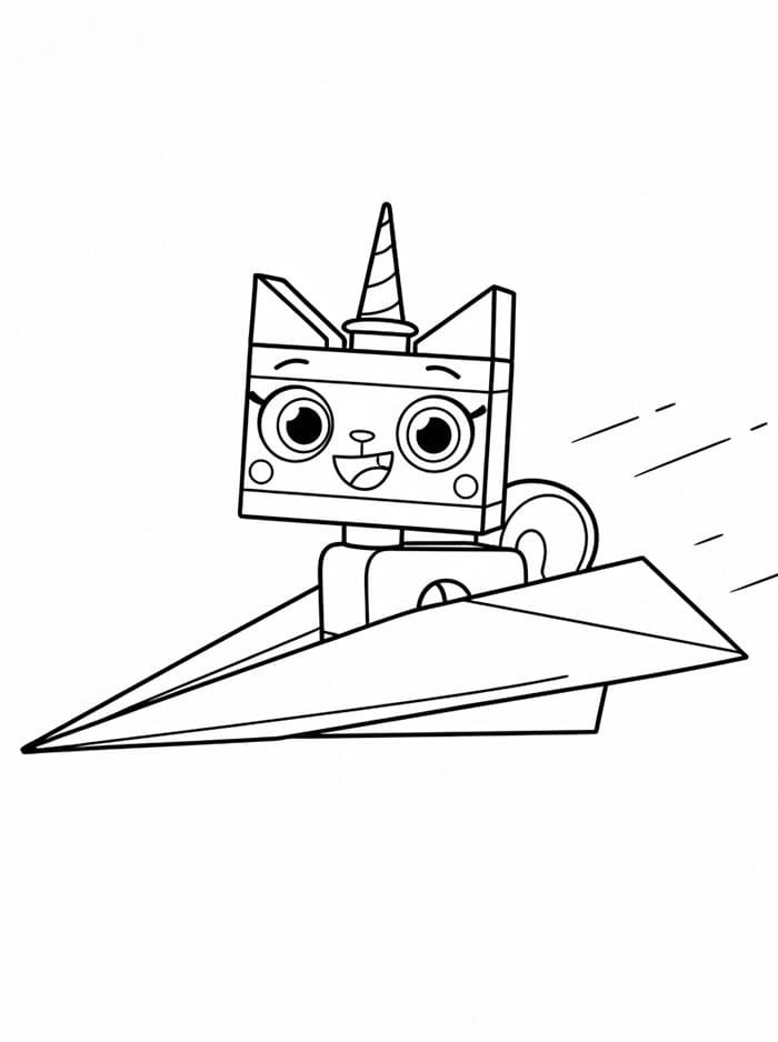 Unikitty su un aeroplanino di carta da colorare