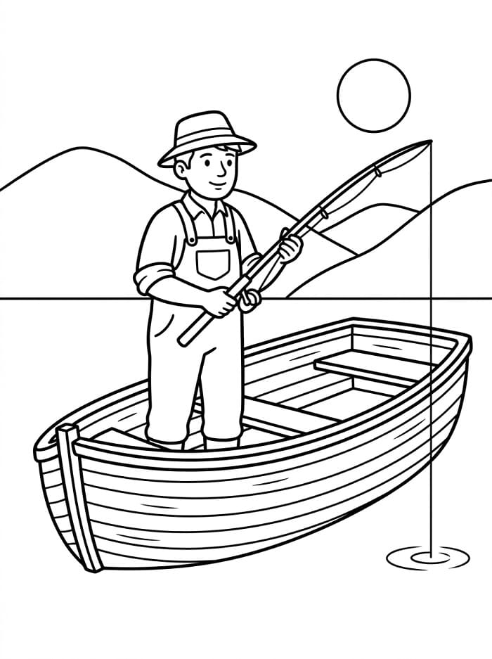 Uomo che pesca in barca da colorare