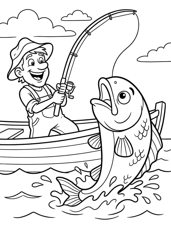 Uomo che pesca un grosso pesce da colorare