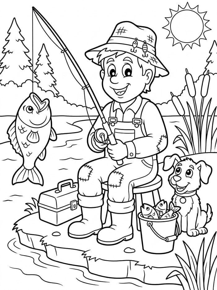 Uomo dei cartoni che pesca da colorare
