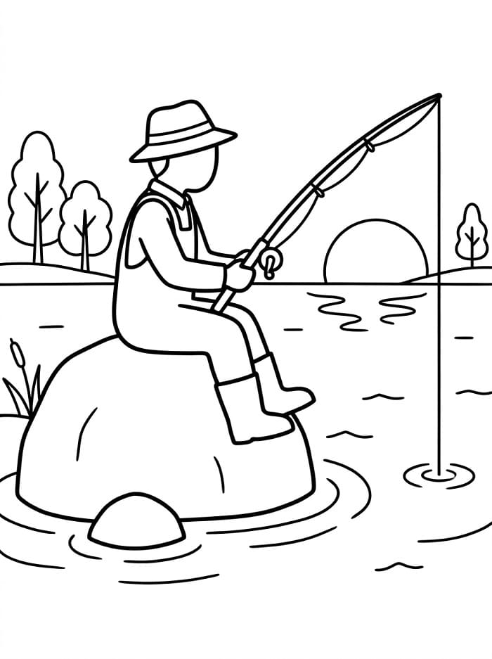 Uomo seduto su una roccia che pesca da colorare