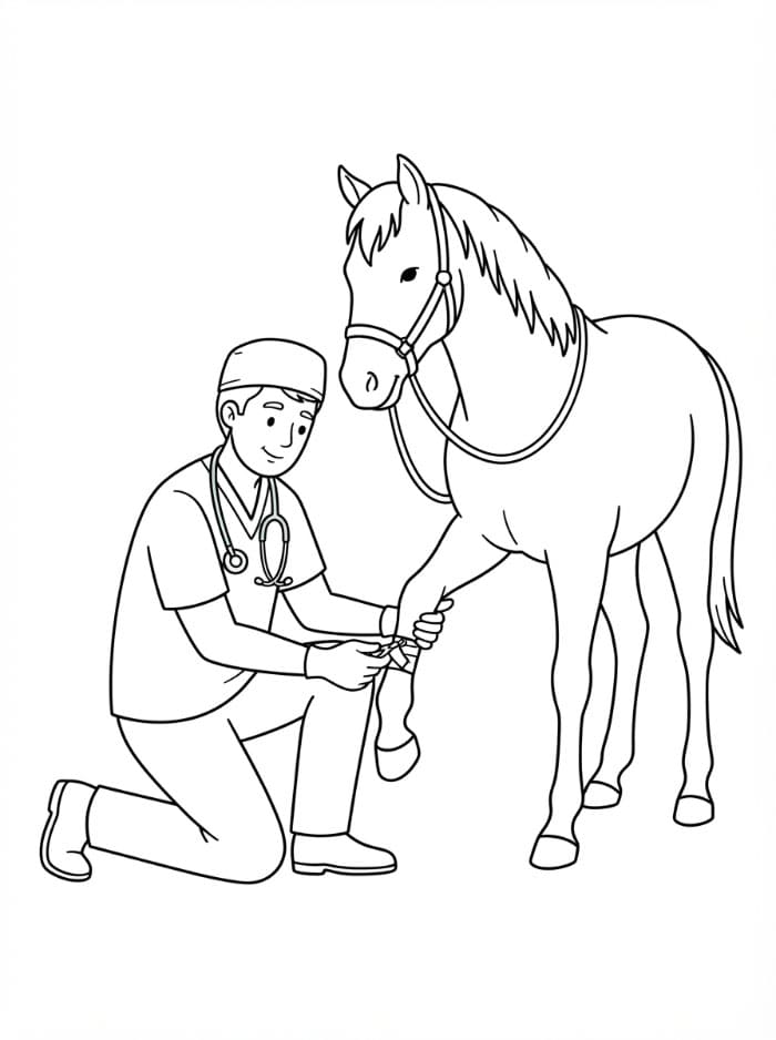 Veterinari che cura cavallo da colorare