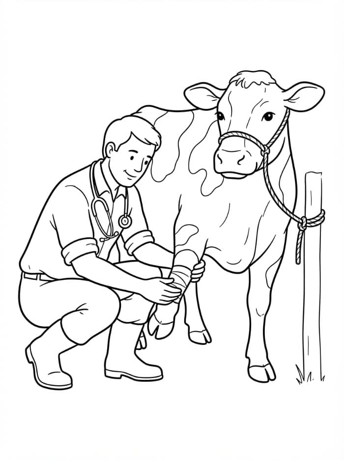 Veterinari che cura mucca da colorare