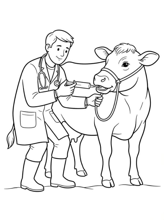 Veterinari che somministra medicina a mucca da colorare