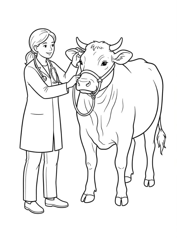 Veterinari che visita mucca da colorare