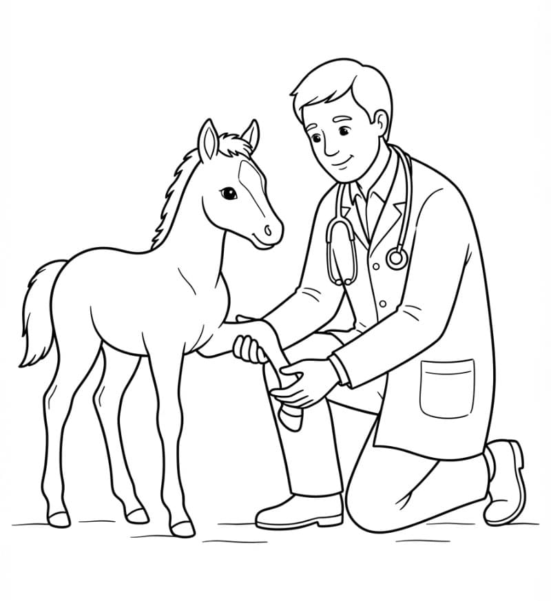 Veterinari che visita puledro da colorare