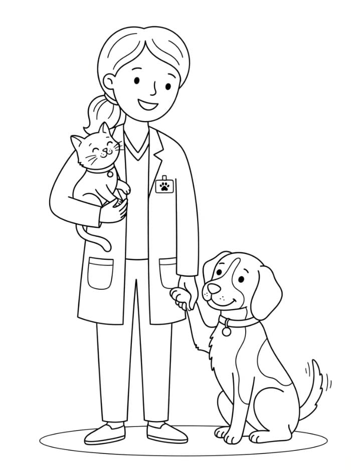 Veterinari con cane e gatto da colorare